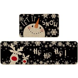 Artoid Mode Snowman Deer Let It Snow Snowflake Christmas Kitchen Mats Set of 2, Winter Decor Low-Profile Kitchen Rugs for Floor - 17x29 and 17x59 Inch (Black)