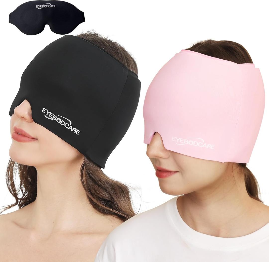 2 Pack Migraine Relief Cap, Reusable Headache Relief Cap with Hot & Cold Therapy, Soothing Headache Hat, Odorless Gel Ice Head Wrap for Tension, Stress, Sinus & Headache, Black&Pink