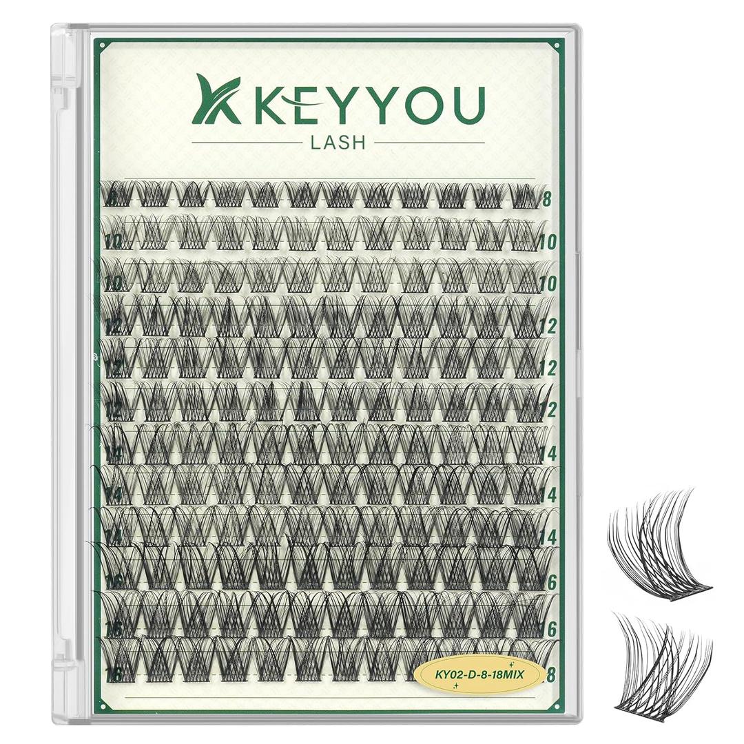 KEYYOULASH Lash Clusters Natural Wispy 144pcs Eyelash Clusters D Curl Thin Band Lashes Clusters for Beginner DIY Fluffy Eyelash Extensions at Home(KY02-8-18MIX)