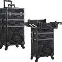 FRENESSA 3 in 1 Rolling Makeup Train Case Professional Cosmetic Trolley Large Storage with Keys Swivel Wheels Salon Barber Case Traveling Cart Trunk for Make Up Hairstylists Nail Tech, Alpine Black
