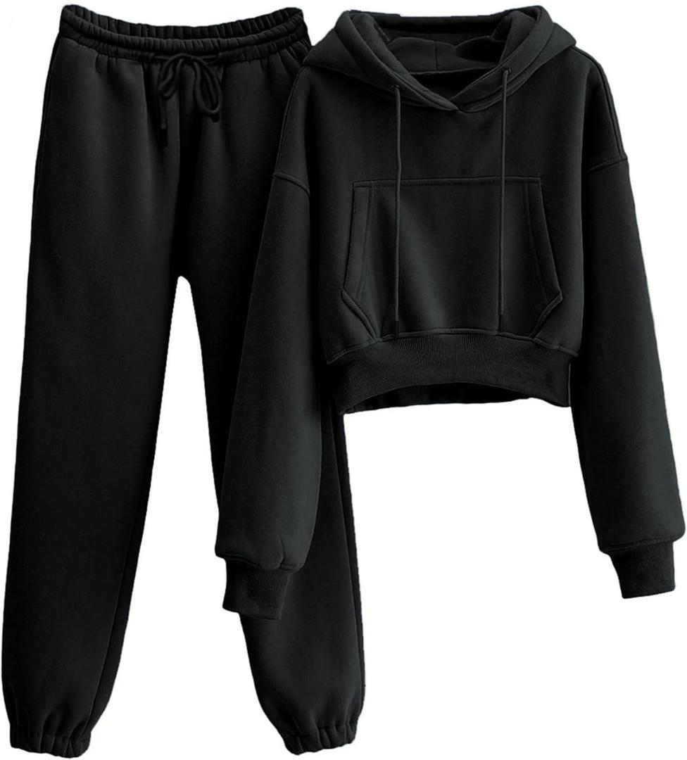 LTSCNRM Women's 2 Piece Airport Outfits Fleece Crop Hoodies Pullover Sweatshirt Sweatsuits Joggers Pants Pockets (Large, Black)