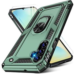 for Samsung Galaxy S24 FE Case with Screen Protector, Military Grade Rugged Shockproof Galaxy S24 FE 5G Heavy Duty Protective Cover for Samsung S24 FE Magnetic Ring Kickstand Phone Case (Green)