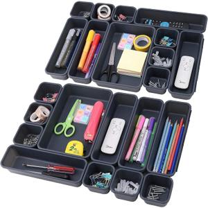 KeFanta 22 Pack Desk Drawer Organizers,Interlocking Junk Drawer and Storage with 3 Sizes, Tray Organizer for Office,Bathroom,Kitchen,Makeup(Dark Grey)