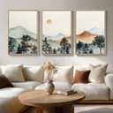 Framed Large Mountain Wall Art for Living Room, 3 Piece Boho Watercolor Landscape Artwork for Walls, Mid Century Modern Mountain Forest Sunset Scenic Canvas Prints for Office Hallway Decor, 24x36 Inch