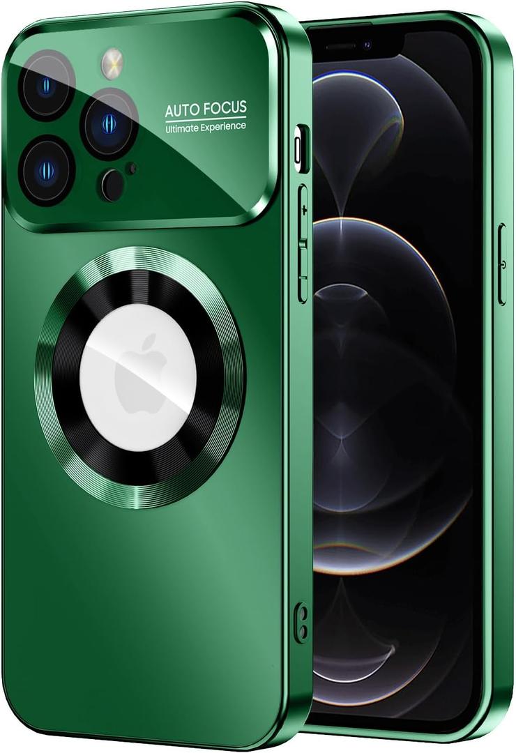 MAKAVO Magnetic for iPhone 12 Pro Max Case, Compatible with MagSafe, Built-in Camera Lens Protector, Logo View, Military Grade Drop Proof Phone Case Cover, Green