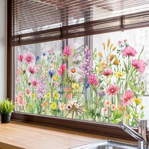 Colorful Flower Window Clings Summer Wildflower Window Stickers Double-Sided Spring Garden Floral Bouquet Window Cling Dragonfly Grass Glass Decals for Bird Windows Strike Prevention (Pink)