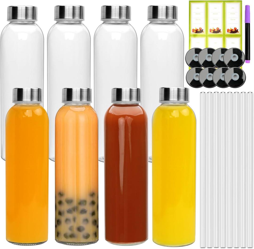 16oz Glass Bottles,Reusable Glass Juice Bottles with Lids and Straws,Set of 8,Clear Glass Water Juicer Containers with Two-types of Lid for Beverage,Smoothies,Milk,Iced Coffee,Tea,Sauces