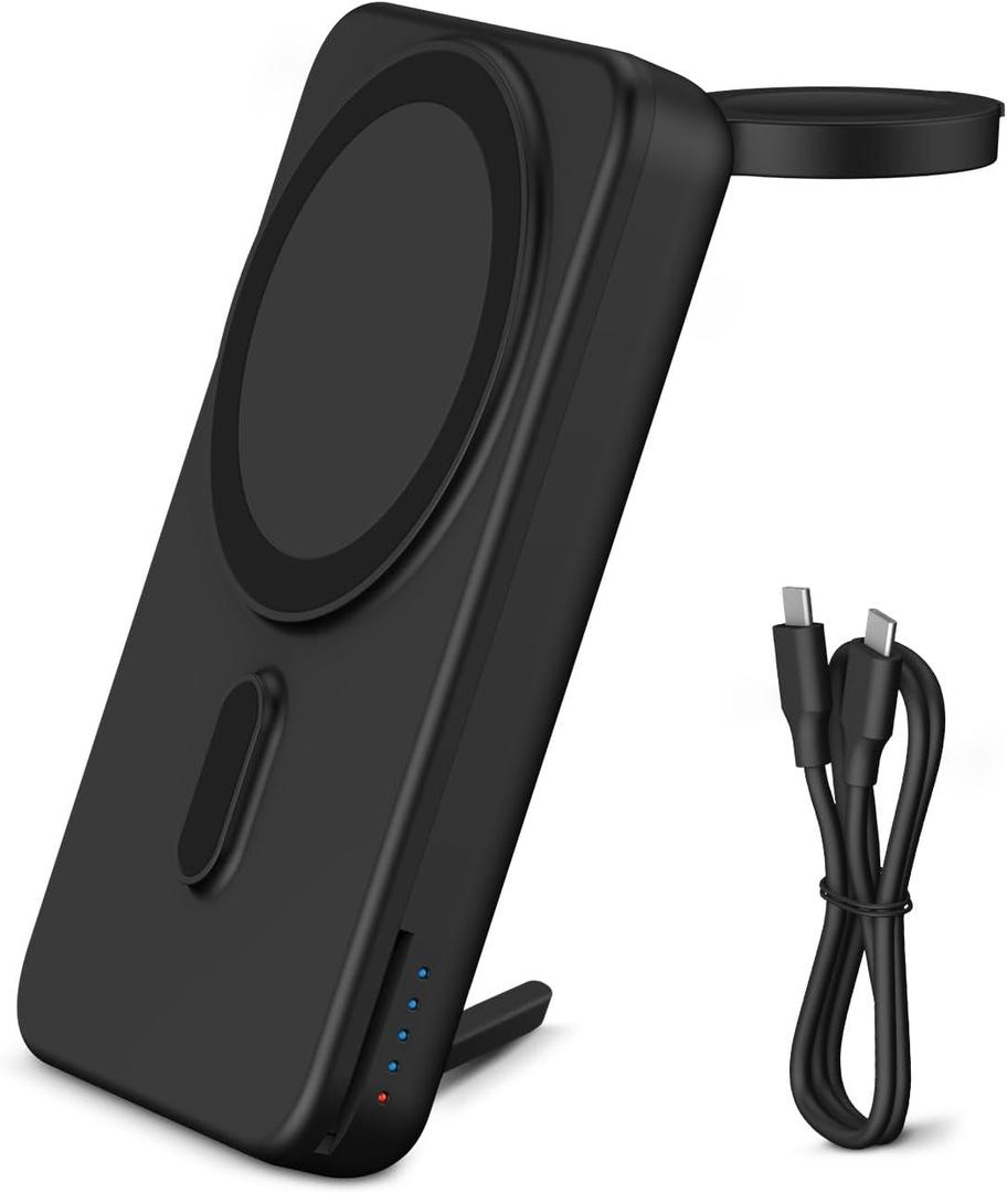 DDUAN 10000mah Mag-Safe Power Bank, Wireless Battery Pack with USB-C Cable, 2 in 1 Portable Phone Charger Watch Fast Charger Compatible with Phone 15/14/13/12, Apple Watch All Series (Black)