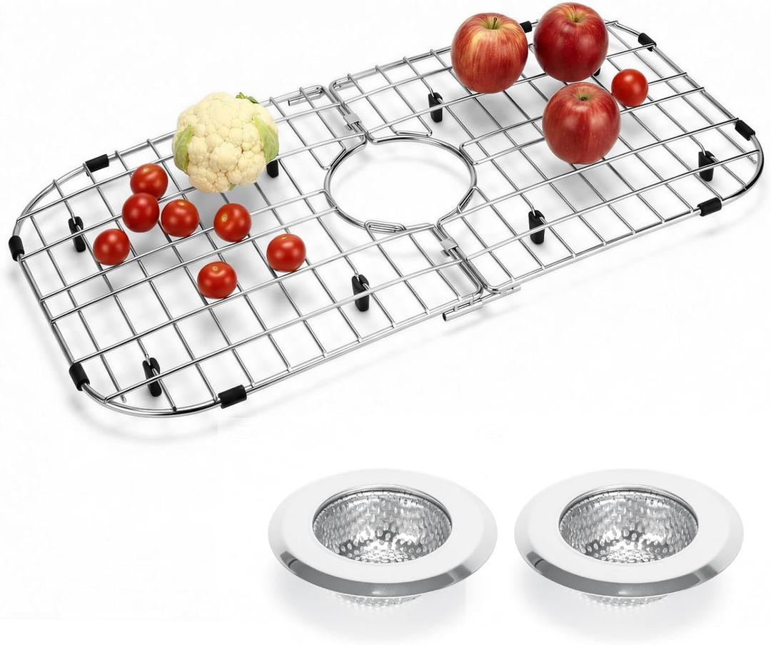 26" x 14" Stainless Steel Sink Protector with 2 Kitchen Sink Strainers, Extra Rectangular Sink Grid for Kitchen Sink Bottom Heavy Duty Rust-Resistant Drainage Rack Scratch Protection Center Drain