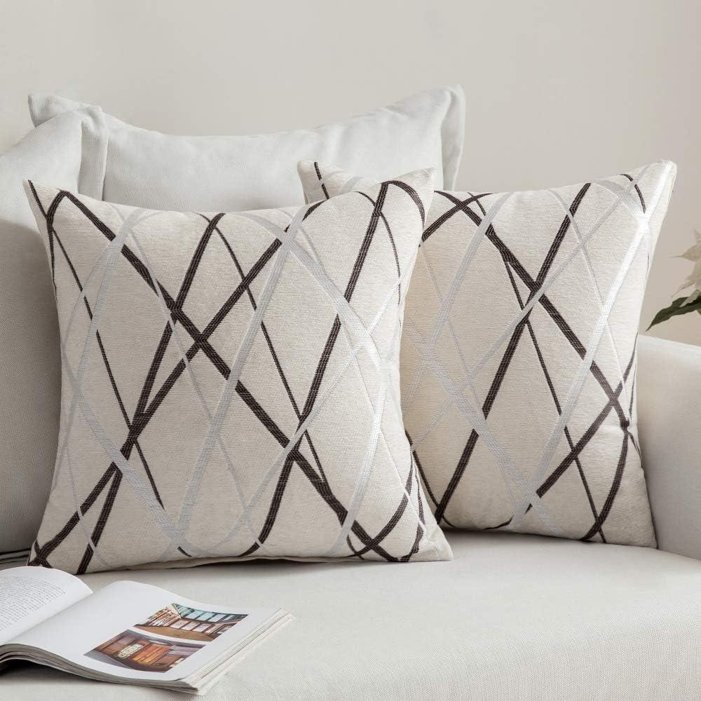 MIULEE Pack of 2 Decorative Throw Pillow Covers Cute Woven Textured Chenille Cozy Modern Concise Soft Beige Square Cushion Shams for Bedroom Sofa Car 18 x 18 Inch