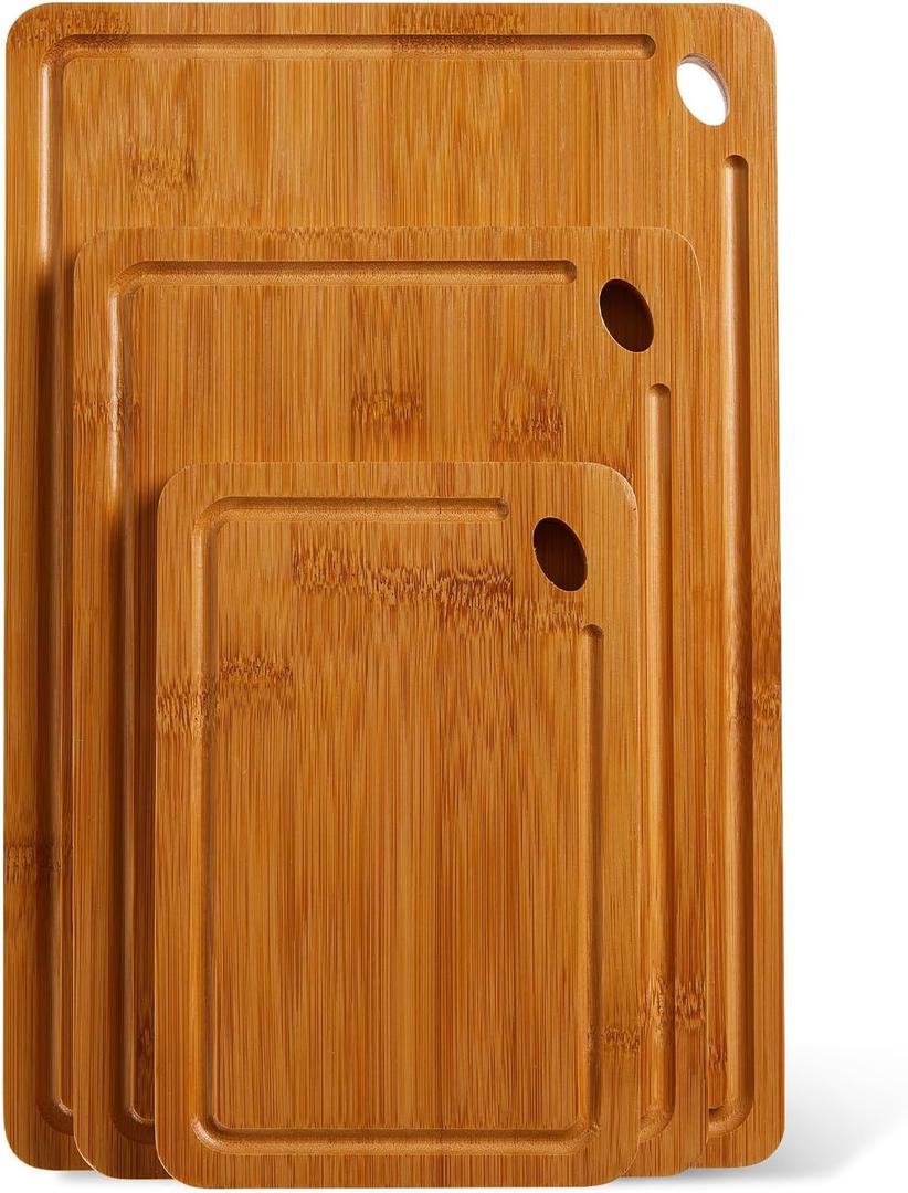 Multi-Size Bamboo Cutting Board Set with Deep Juice Grooves - 3-Piece Wooden Chopping Boards with Built-in Handles for Charcuterie, Vegetables, Fruit & Kitchen Prep