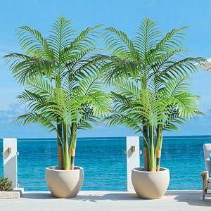 Keeplush 5ft Tall Triple Golden Cane Palm Artificial Tree Large Tropical Palm Tree UV Resistant Fake Plant in Pot for Indoor Outdoor Big House Living Room Outside Patio Office Home Decor 2Pack