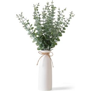 Vase with Greenery, 20pcs Artificial EucalyptusStems in White Vase, Boho Home Decor Plant, 19" Decorative Fake Plants for Home Farmhouse Mantle Centerpiece Decor