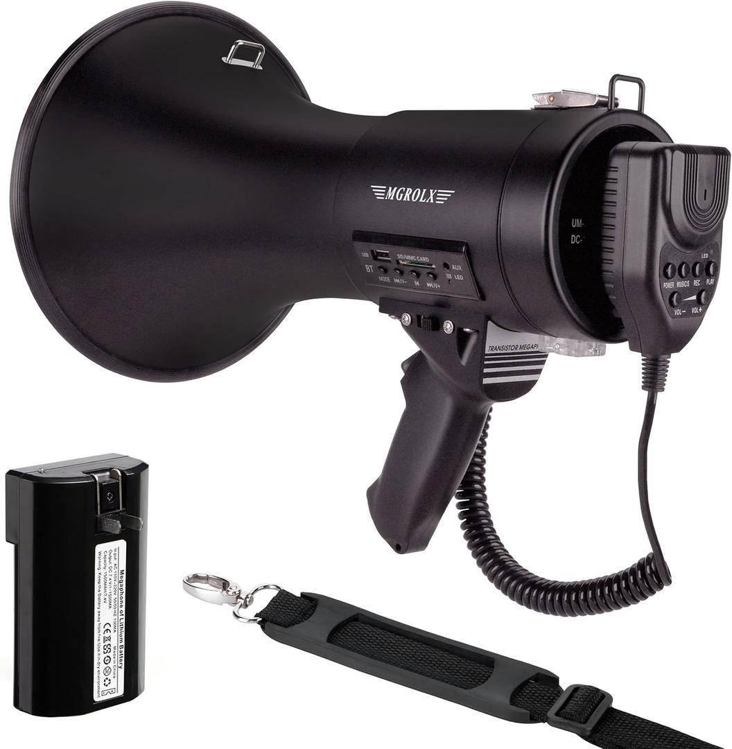 Bluetooth Megaphone Bullhorn, 50Watt Loud Speaker w/Rechargeable Battery, Built-in Siren and 260S Recording, USB/SD/AUX Input-for Outdoor, Police, Cheerleading(Matte Black)