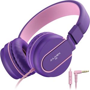 Kids Headphones, Wired Headphones for Kids On Ear with Microphone, 93dB Volume Limiter Headphone for Girls Boys, Foldable Lightweight Headphone for School Learning & Entertainment, Pink Purple