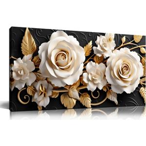 Flower Large Canvas Wall Art for Living Room Bedroom Home Office White and Gold Wall Art Blossom Picture Framed Wall Decor Modern Canvas Prints 20x40 In