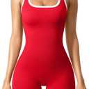 OQQ Women Rompers Sleeveless Square Neck Stretch Contrast Workout Active Tank Romper (Medium, Red)
