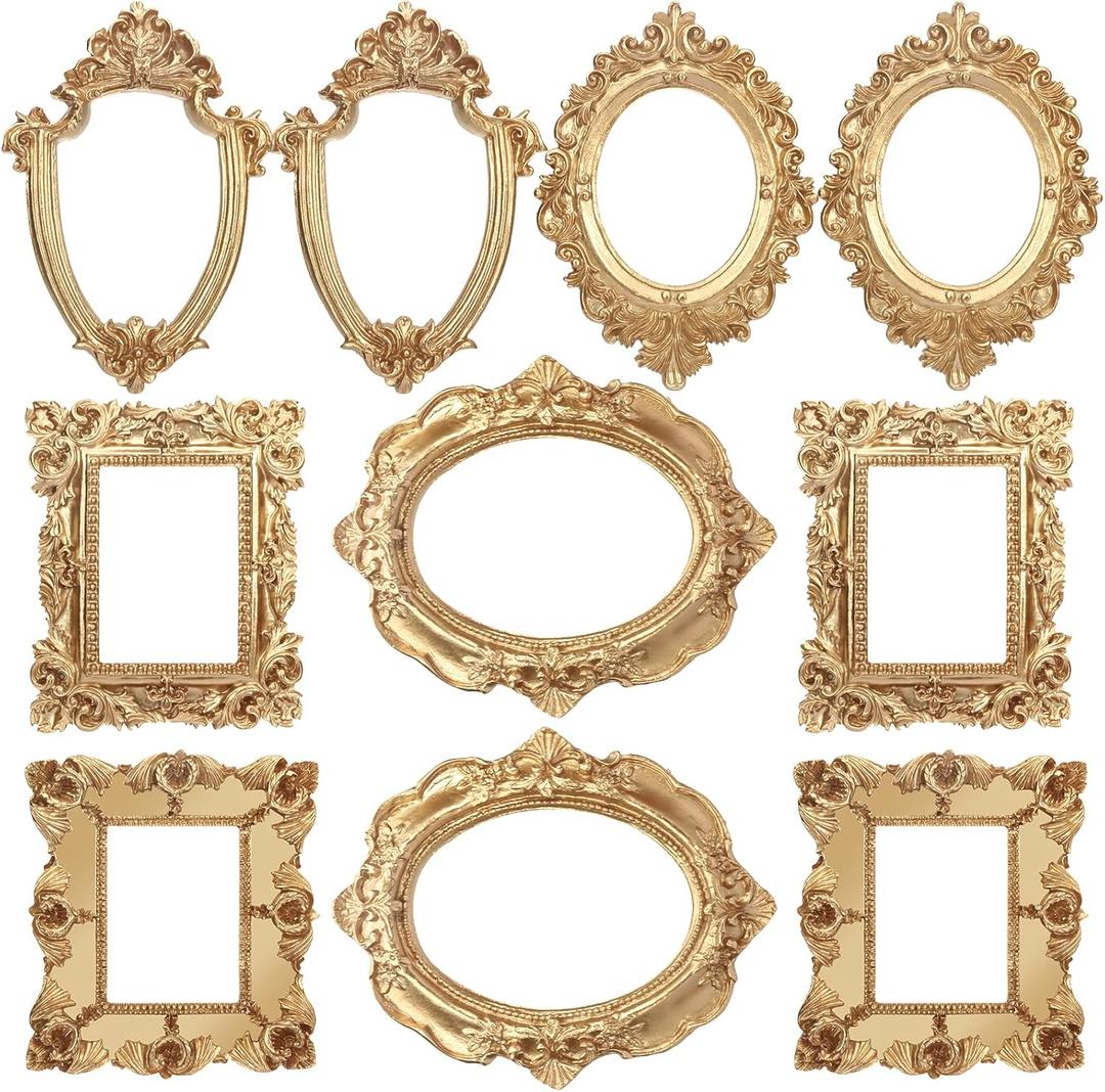 Draupnir 10 Pcs Vintage Resin Picture Frame, Oval Rectangle Wall Hanging Antique Photo for Jewelry Display Photography Photo Frame Christmas Party Home Wall Decor Without Glass or Backing (Gold)
