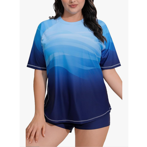 Women's Plus Size Two Piece Short Sleeve Rash Guard Sets with Built in Bra UPF50+ Swim Shirt Top and Shorts 1XL