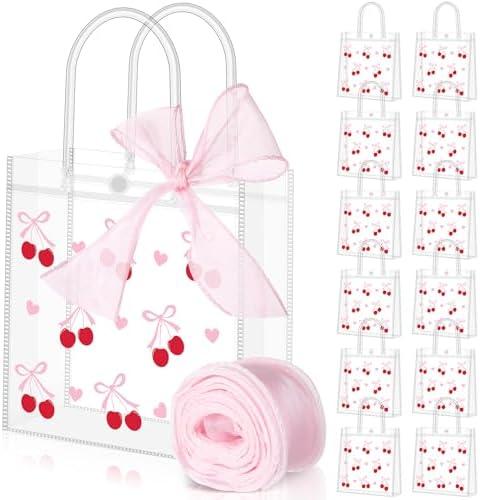Sweetude 12 Pcs Bow Clear PVC Gift Bags with Handle Ribbon Coquette Bowknot Party Favor Bags with Ribbon for Wedding, Bridal Party, Baby Shower, Valentine, Birthday(Cherry Bow)