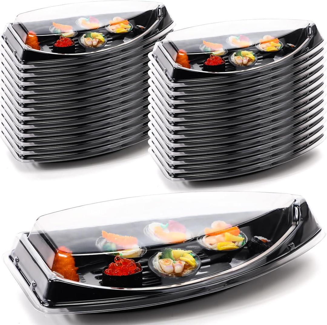 24 Pcs Sushi Boats Disposable Sushi Boat Box with Lid Sushi Plate Sushi Tray Food Container for Appetizer Dishes Chip and Dip Party Supplies Restaurant or Home
