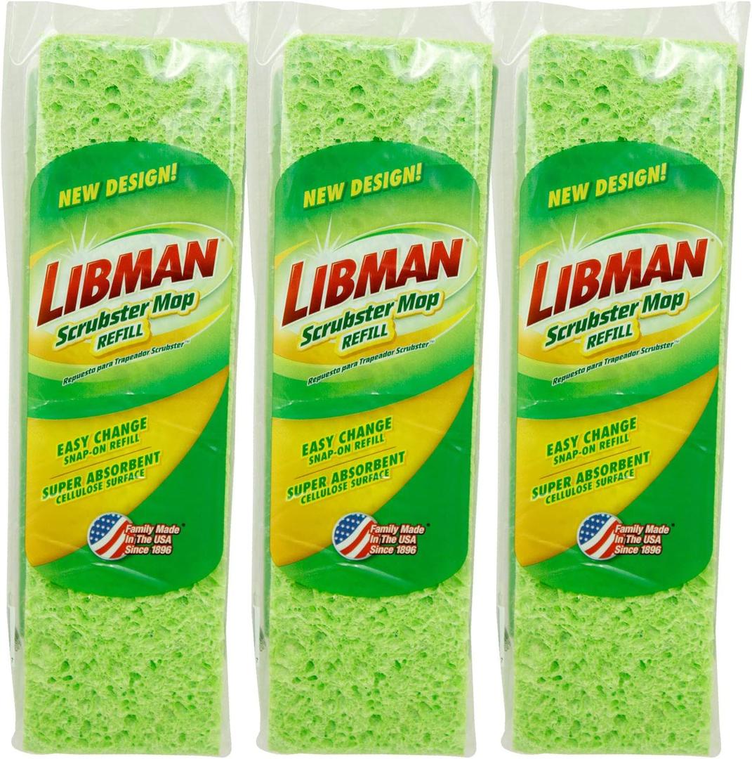 Libman Scrubster Mop Refill Pack, Three #3105 Refills Extra-Absorbent, Cellulose Coated Sponge Replacement Heads for The Libman Scrubster Mop, 3 Pack