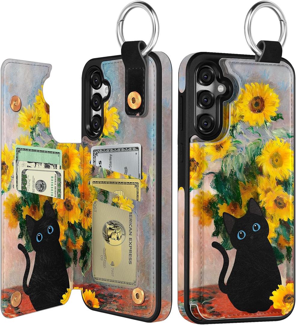 Shorogyt for Samsung Galaxy S25 Wallet Case - Cute Fashion Sunflower Cat Design with Card Holder Kickstand for Magnetic Clasp Back Flip Folio Leather Phone Cases for Wome Girls Men
