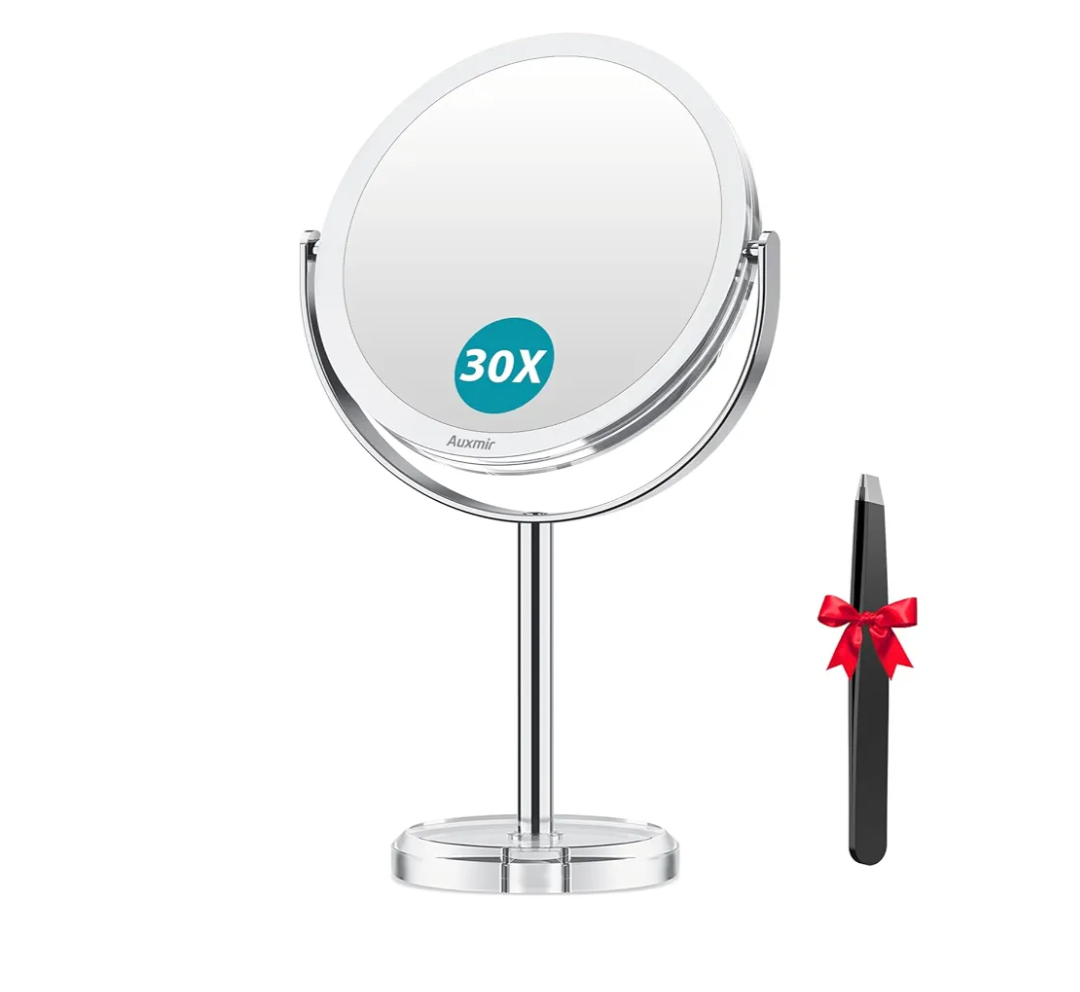 1X/ 30X Magnifying Mirror, Makeup Mirror with Tweezer, Double Sided Round Vanity Tabletop Mirror, 360° Rotation Portable for Dressing Table Desk Bathroom Bedroom Travel, Clear
