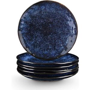 vicrays Ceramic Dessert Salad Plates, 8 Inch, Set of 6, Round, Microwave, Oven, and Dishwasher Safe, Scratch Resistant, Porcelain Fluted Suitable for Snacks, Appetizer, Home, Restaurant (Blue)