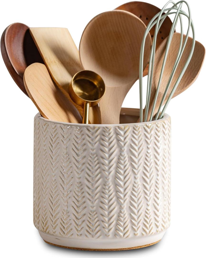 Utensil Holder Rustic Farmhouse Ceramic Utensil Crock for Countertop 5.3-Inch Handcrafted Kitchen Cooking Utensil Crocks with Cork Base Kitchen Decor Utensil Caddy(Pure White)