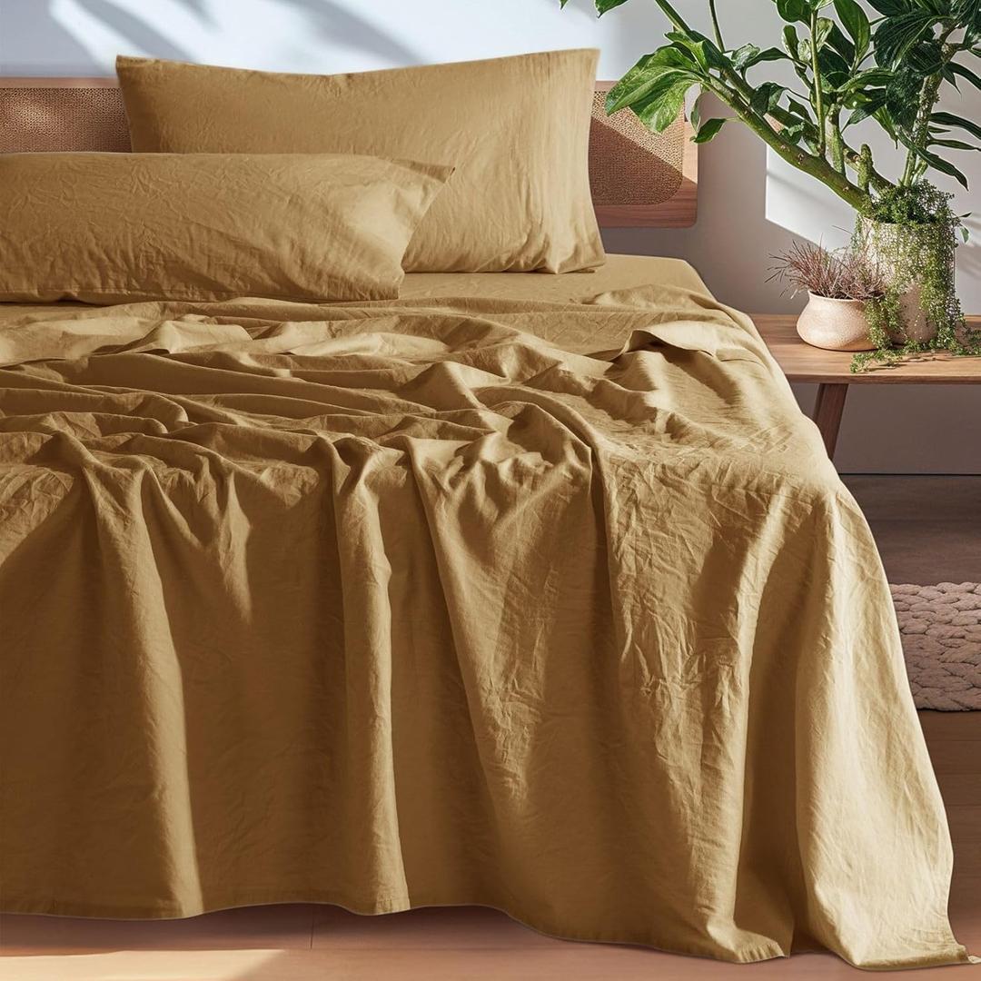 SONORO KATE 100% French Pure Linen Queen Size Sheets, Breathable and Durable, 16 Inch Deep Pocket - 4 Piece (Rust)