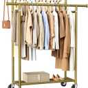 HYSEYY Clothes Rack, Double Rods Rolling Clothing Rack for Hanging Clothes, Portable Garment Rack with Wheels, Coat Rack Wardrobe Closet Load 240 LBS for Bedroom Laundry Room (Gold, L)