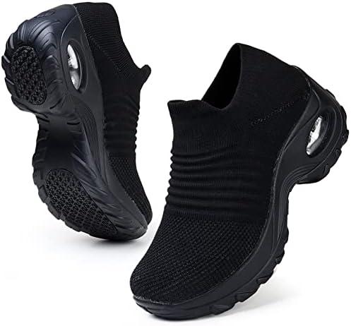 HKR Women's Walking Shoes Arch Support Non Slip Work Shoes Breathable Knit Upper Lightweight for Plantar Fasciitis, All Black US 8