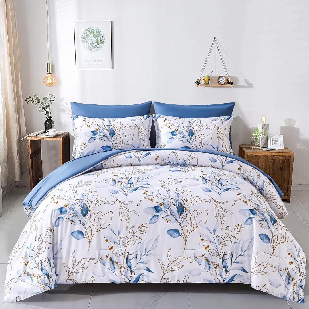 WONGS BEDDING Blue Comforter Set Full, 7 Pieces Botanical l Reversible Bed in a Bag Golden Blue Leaves Bedding Set Soft Microfiber (1 Comforter,2 Pillowcase,2 Pillow Shams,1 Flat Sheet,1 Fitted Sheet)