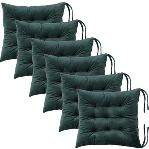 6 Pack Square Seat Cushion Chair Pads for Kitchen Dining Chairs, Soft Comfort Velvet Chair Mat Pillow Cushions with Ties for Office Desk Living Room Tatami 15.5", Dark Green