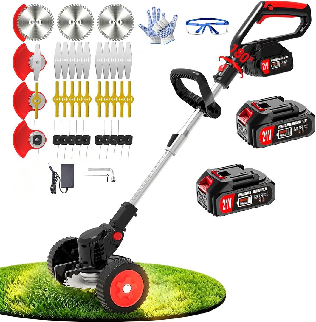Electric Weed Wacker with Wheels Cordless Weed Eater Battery Powered，21V String Trimmer with Blades, 3-in-1 Grass Trimmer/Lawn Edger/Brush Cutter, Weed Trimmer Battery Operated for Garden &Yard, 35-47 inches