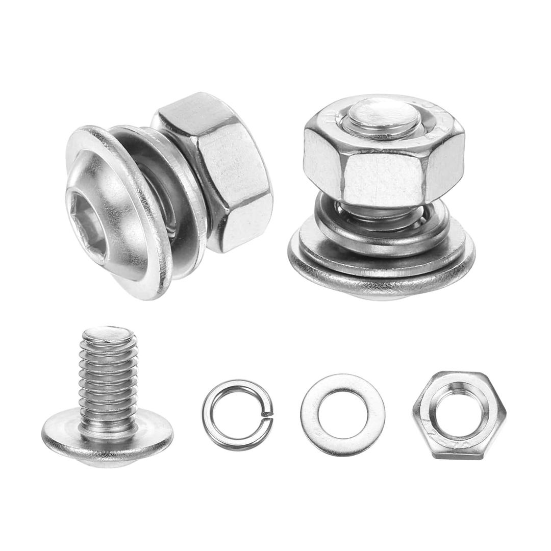 uxcell 10Pcs M6 x 10mm Flanged Button Head Socket Cap Screws, 304 Stainless Steel Socket Drive Fasteners Bolts with Nuts Flat & Lock Washer, Silver Tone