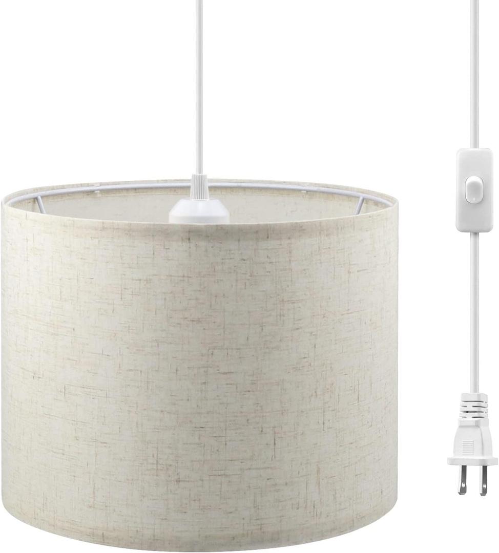 KUAUGST Plug in Pendant Light, 15 FT Hanging Lamp with Plug in Cord, On/Off Switch, Pendant Lighting with Fabric Shade, Hanging Light Fixture for Living Room, Bedroom, Dining Room, Kitchen (Beige)