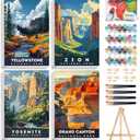 4 Pack Framed Paint by Numbers Kit for Adults with Wooden Easel, National Parks Easy Paint by Numbers with Frame for Beginners, Adult Paint by Number Kits Framed Canvas for Home Decor Gift 8x12 Inch