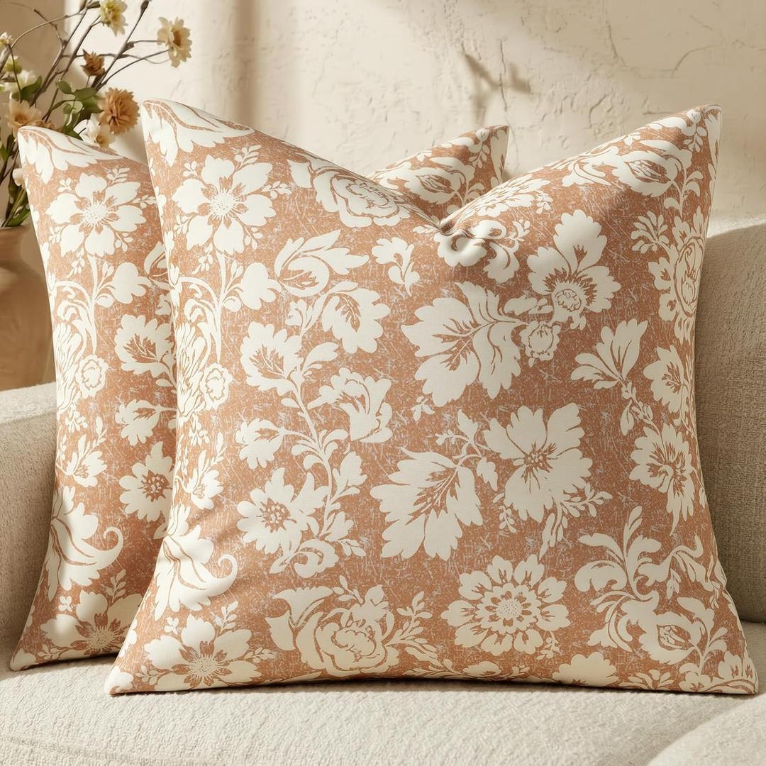 MUSSEL Light Coral Floral Pillow Covers 18x18, Vintage Decorative Throw Pillow Patterned Covers Neutral Modern Farmhouse Cushions Cotton Accent Covers for Sofa Bed Living Room Pillowcases Set of 2