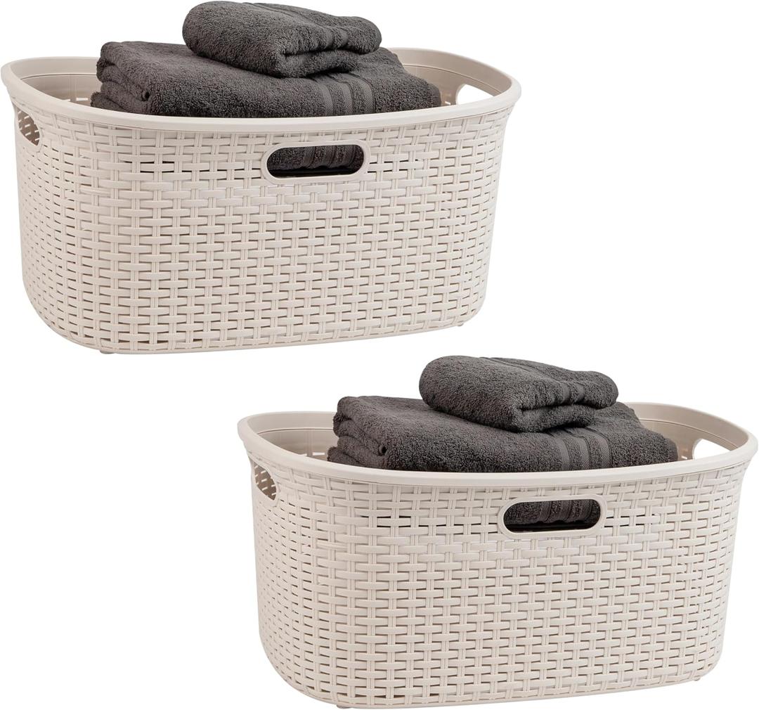 Mind Reader 40L Laundry Basket, Clothes Hamper, Wicker Design, Plastic, 23"L x 14.5"W x 11"H, Set of 2, Ivory