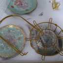 21 Pcs Ceramic Teapot Set Vintage Porcelain Tea Cups with Metal Holder and High Tier Cupcake Stand Saucers for Women Girls Farmhouse European Weddings Party Decor Gifts(Green,Summer)