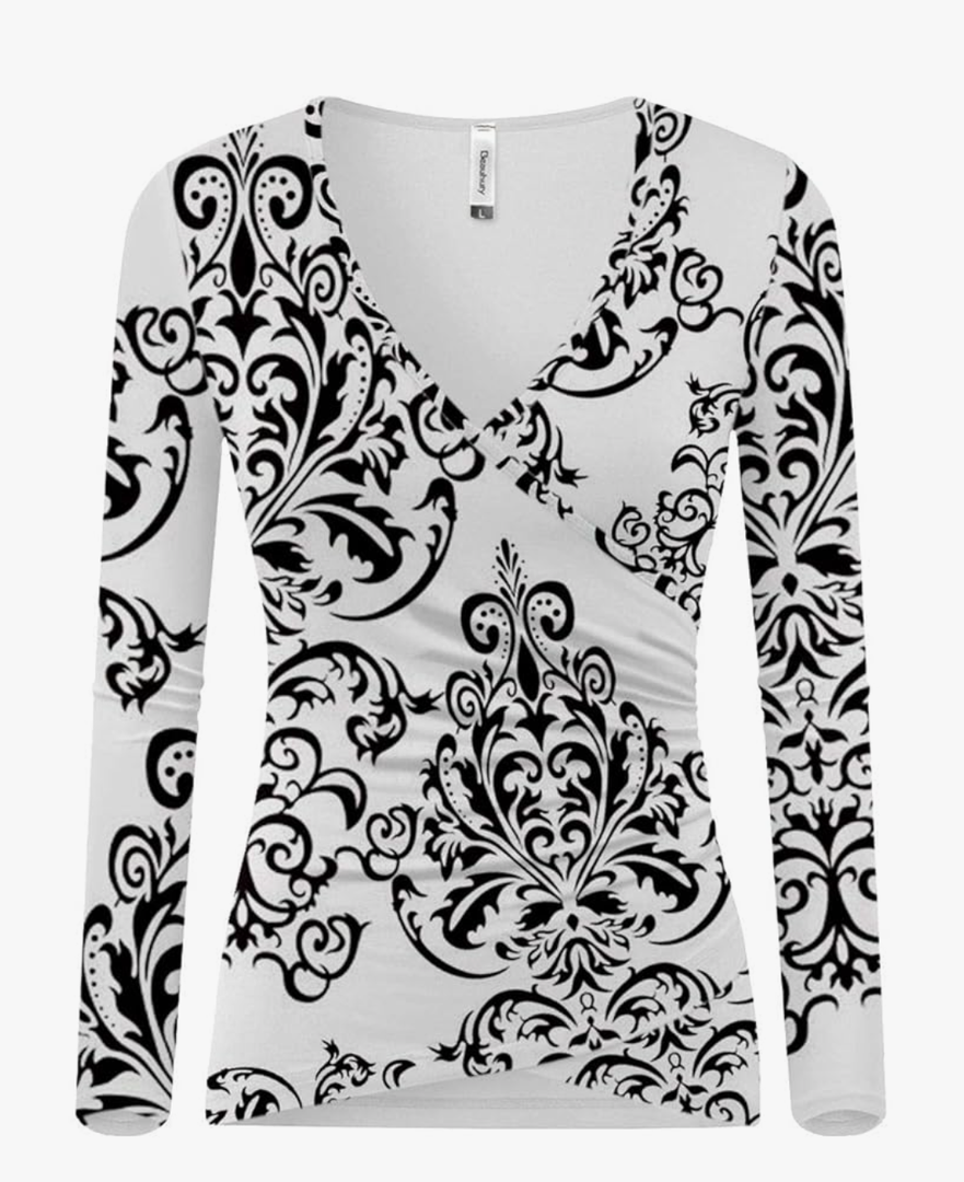 Beauhuty Women's Deep V Neck Slim Fitted Long Sleeve T-Shirt Front Wrap Ruched Tee Tops
Size M
