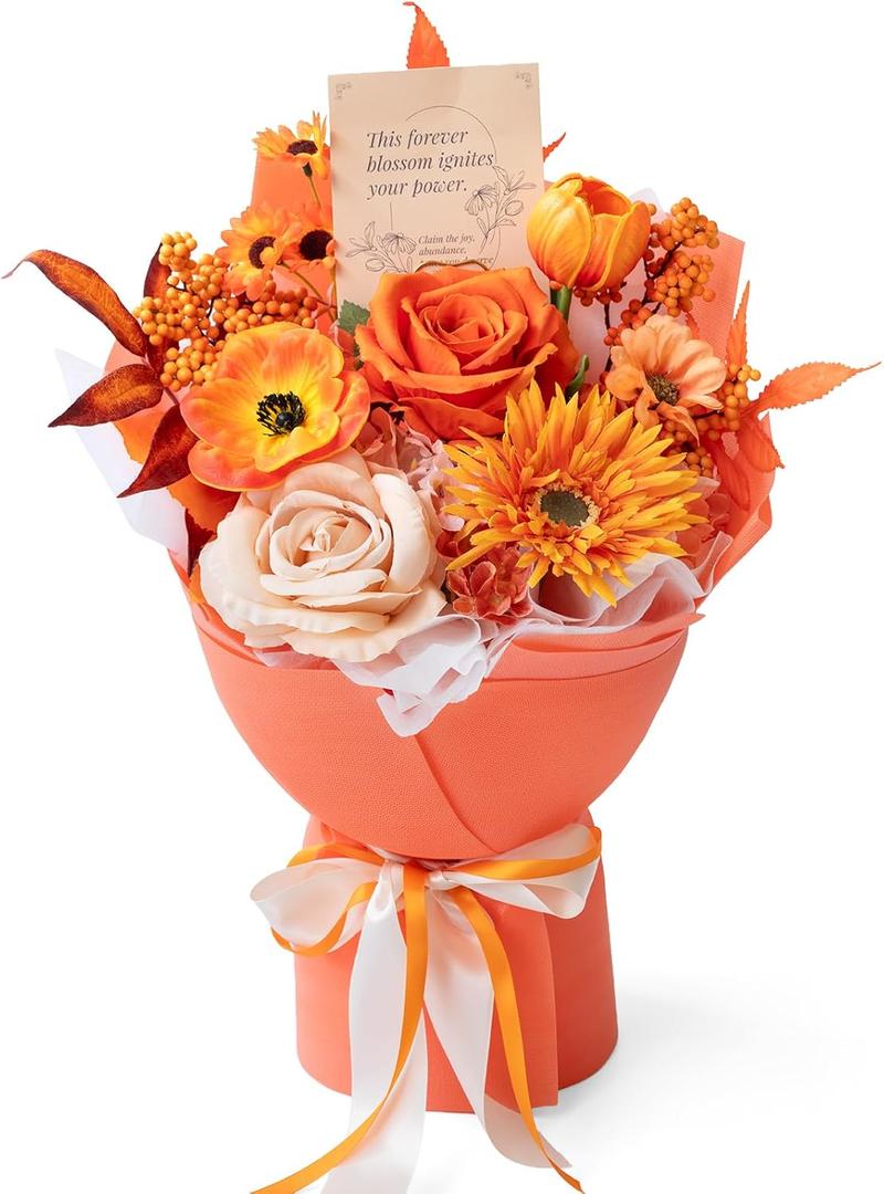 TINGE TIME Preserved Flowers Bouquet, Sunflower and Rose Bouquets, Orange Artificial Flowers Bouquet for Table Centerpiece Mothers Day Gifts Birthday Gifts Wedding Anniversary Housewarming