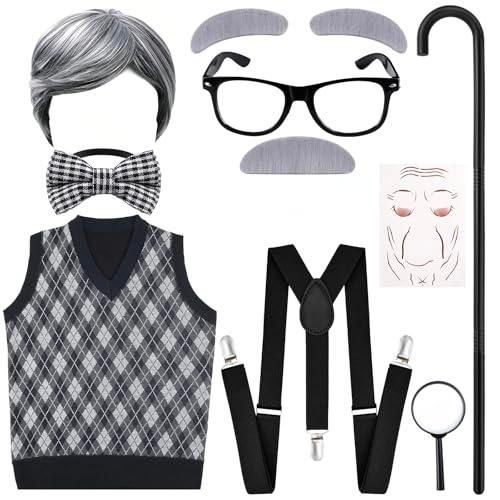 SZCECHRE 10Pcs Old Man Costume 100 Days of School Grandpa Costume,1920s Old Man Costume for Halloween Cosplay