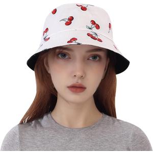 Sun Bucket Hats Women Men Beach Protection Summer Unisex Reversible Fisherman Cotton Fishing Double Side Wear Travel (One Size, Cherry White)