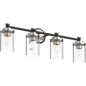 Bathroom Lighting Fixtures Black and Brushed Nickel Bathroom Vanity Light with Cylindrical Clear Stripes Glass Lampshade E26 Socket Base Bathroom Lighting Fixtures Over Mirror (4 Lights)