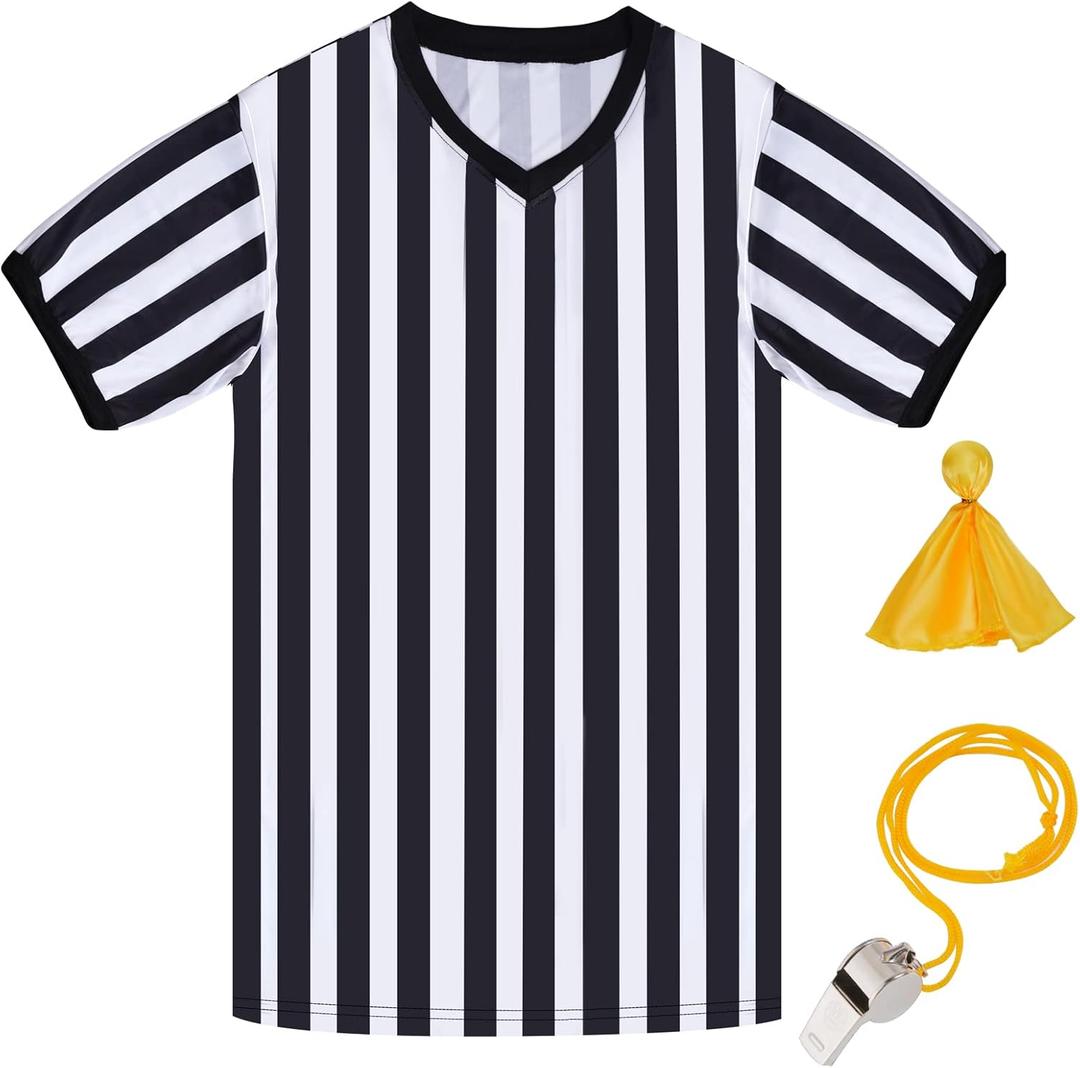 obmwang Referee Shirt for Womens and Mens, Black and White Stripe Umpire Jersey V Neck Ref Uniform for Football Halloween (Large)
