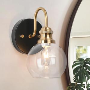 KSANA Black Gold Sconce, Modern Globe Wall Sconces Lighting with Clear Glass Shade, 1-Light Brass Wall Mounted Light Fixture for Bathroom, Kitchen, Bedroom and Stairway