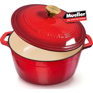 Mueller 6 Qt Enameled Cast Iron Dutch Oven, Heavy-Duty Casserole Dish and Braiser Pan with Lid and Stainless Knob, Safe for All Cooktops (6 Quart, Red)